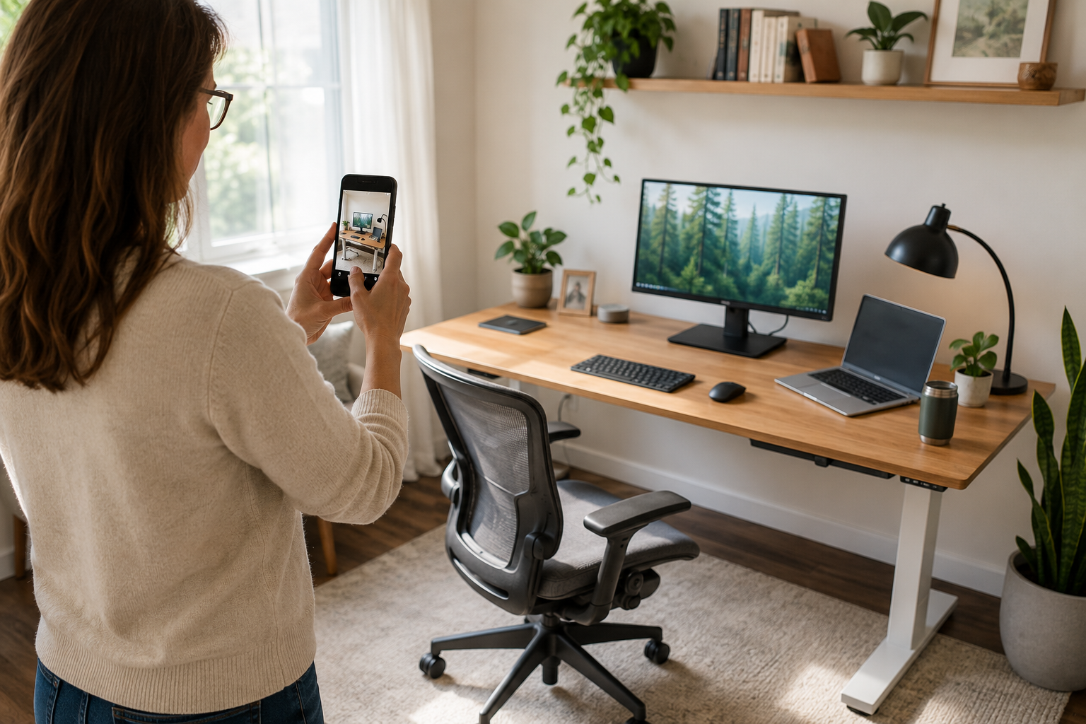 Woman photographing her workspace for personalized setup suggestions.
