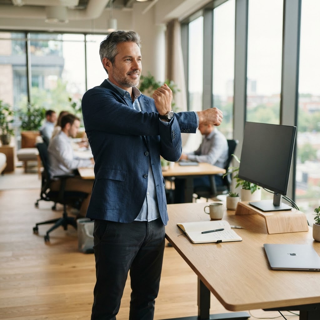 An office worker taking a brief standing stretch break beside his desk in a bright office