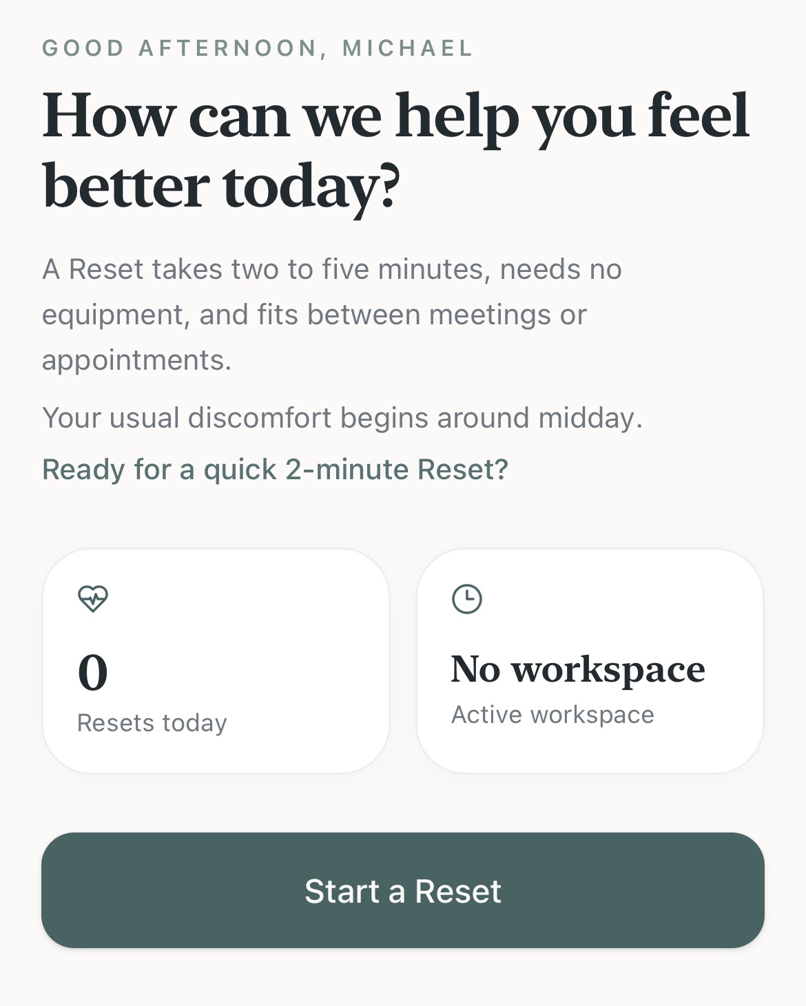 PrimeMotion Workplace Reset screen with a Start a Reset button and daily reset count.
