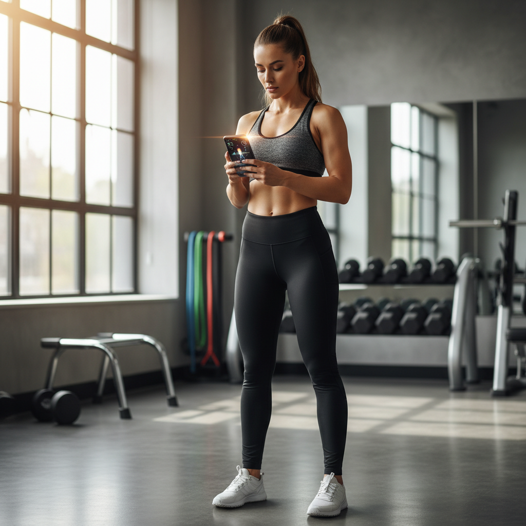 Athletic woman reviewing her movement tracking app in a modern gym