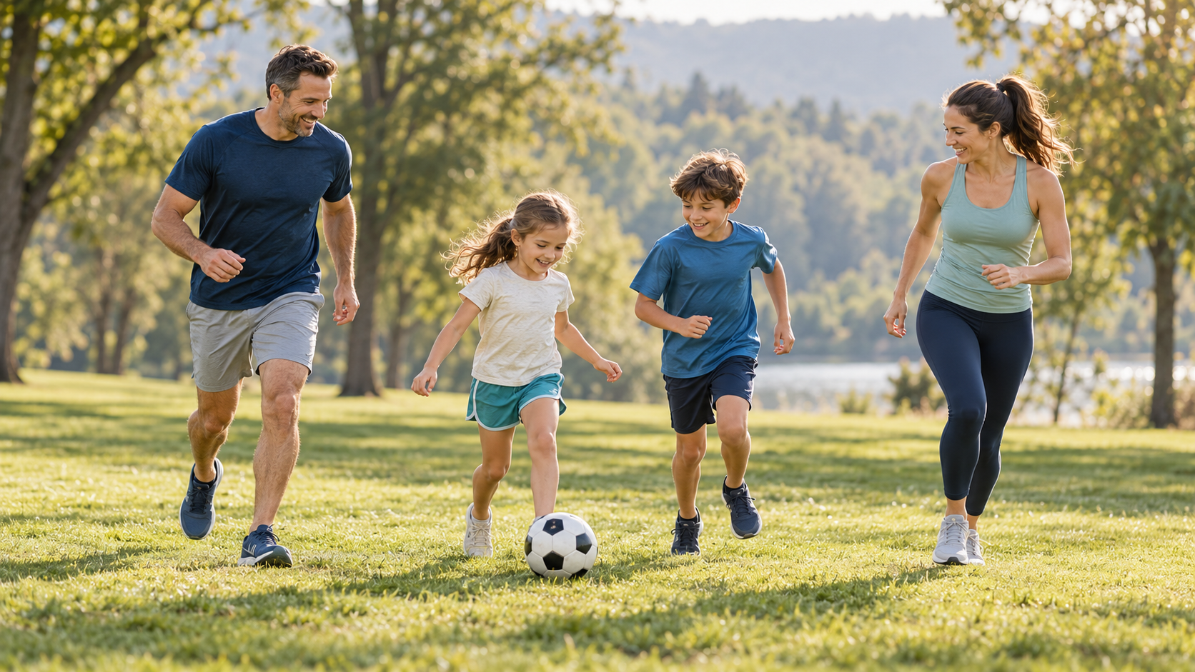 Parents and two children running together across a sunlit park lawn while one child dribbles a soccer ball