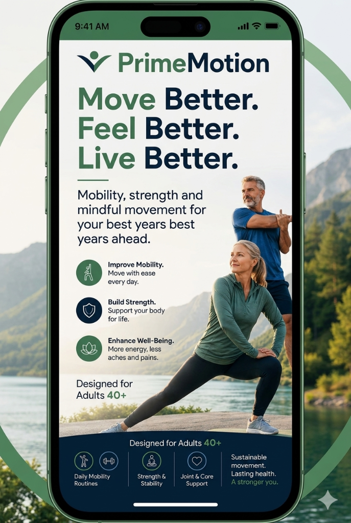 PrimeMotion app dashboard showing wellness metrics and progress