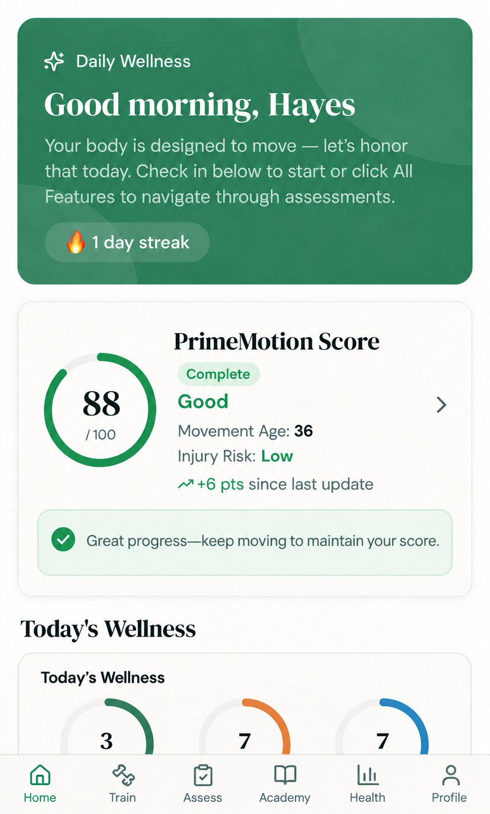 PrimeMotion dashboard showing the Daily Wellness greeting, PrimeMotion Score of 88 out of 100, and today's wellness metrics