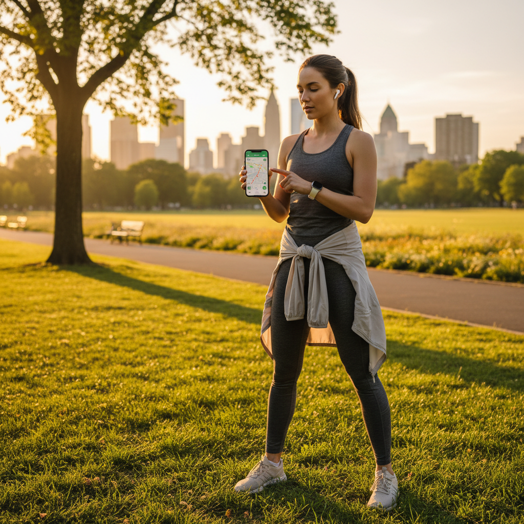 Runner checking a fitness app before a morning run