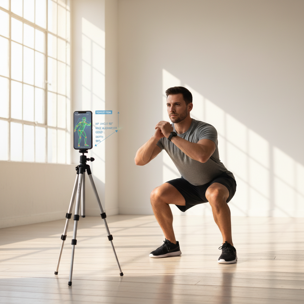 Man performing a squat with posture analysis via smartphone