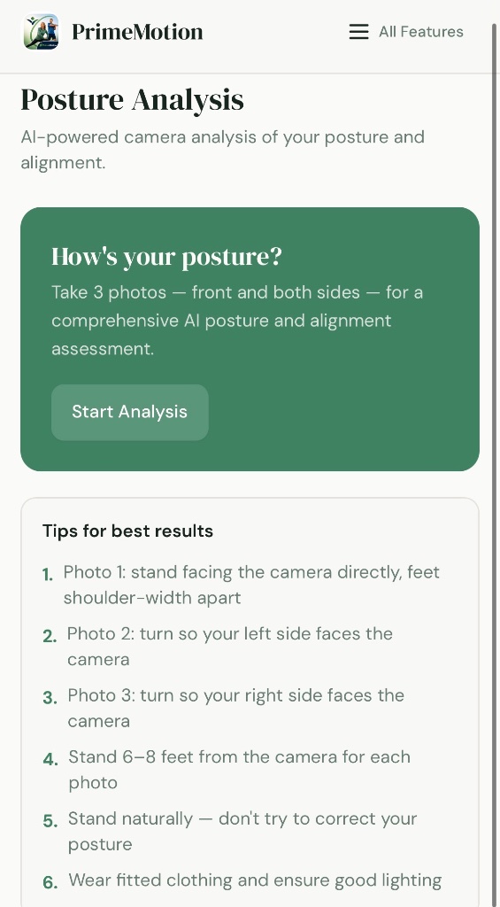 PrimeMotion posture analysis with AI-powered camera assessment