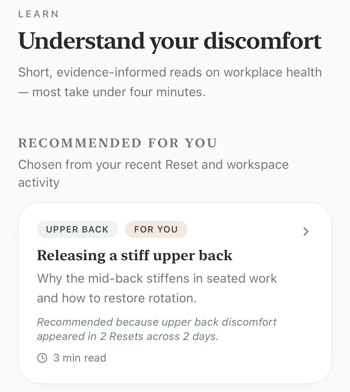 PrimeMotion Workplace Learn screen featuring short workplace-health articles and personalized recommendations.