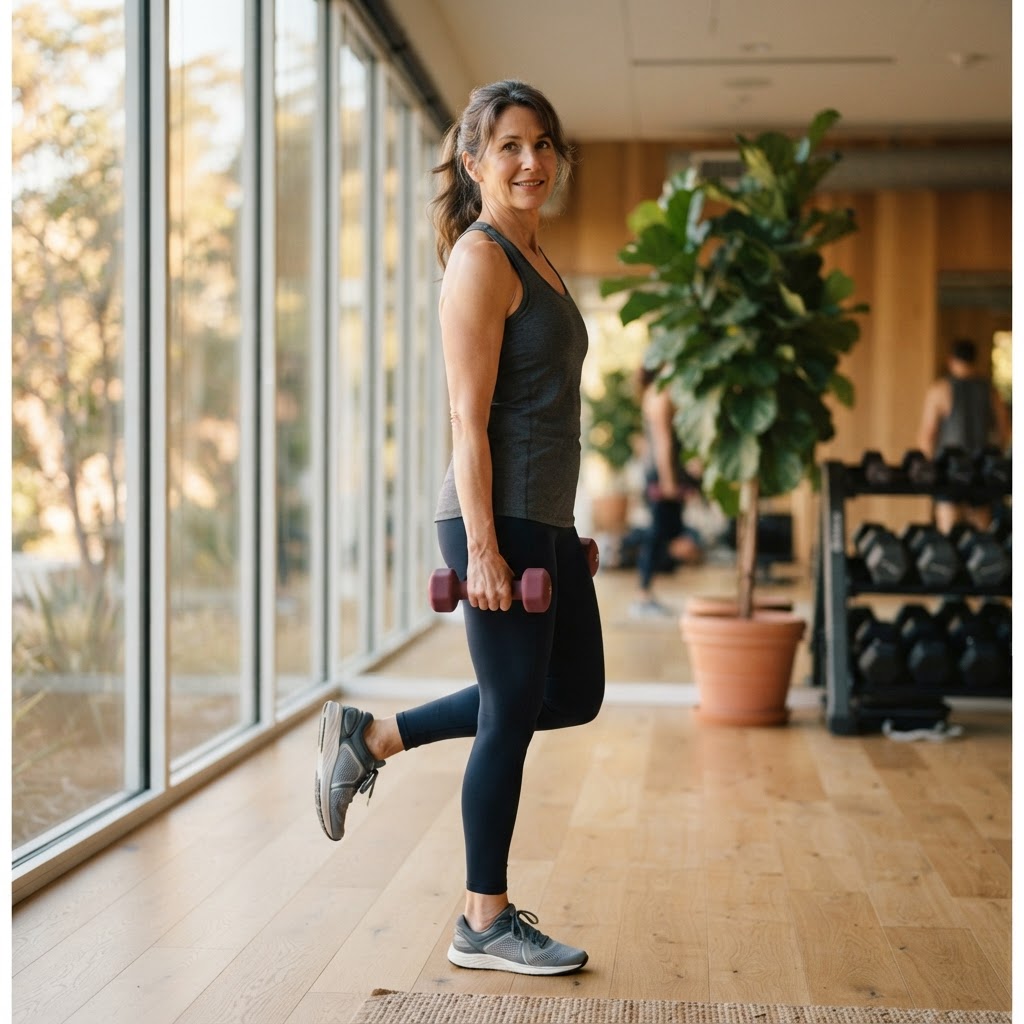 A woman in her 50s performing a single-leg balance exercise with a light dumbbell in a bright modern gym