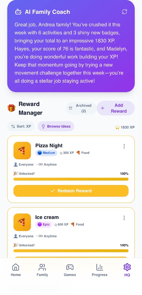 Progress and Rewards — PrimeMotion Family app screenshot