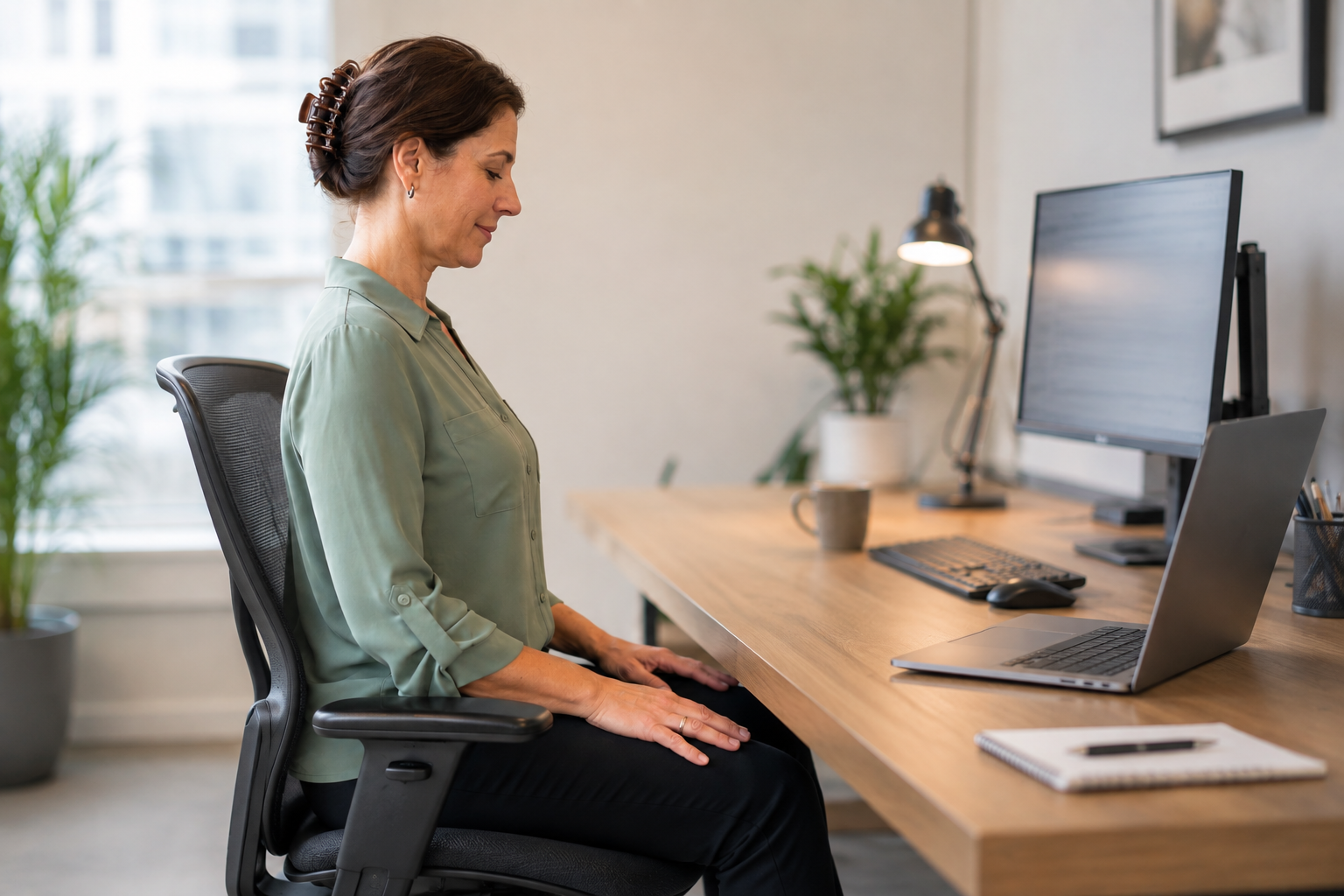 Woman taking a gentle seated movement break in a workplace lounge.