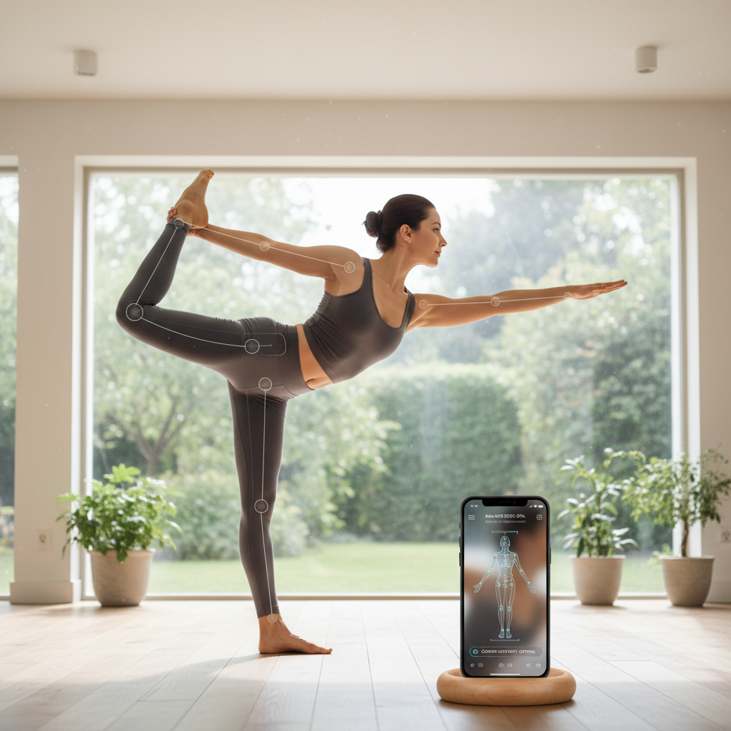 Woman doing a yoga balance pose with a balance analysis app