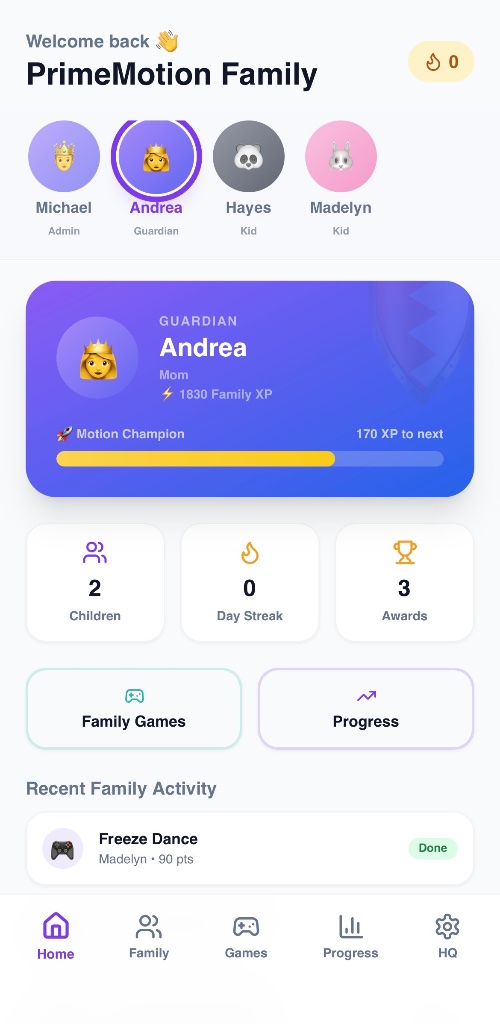 Family Dashboard — PrimeMotion Family app screenshot