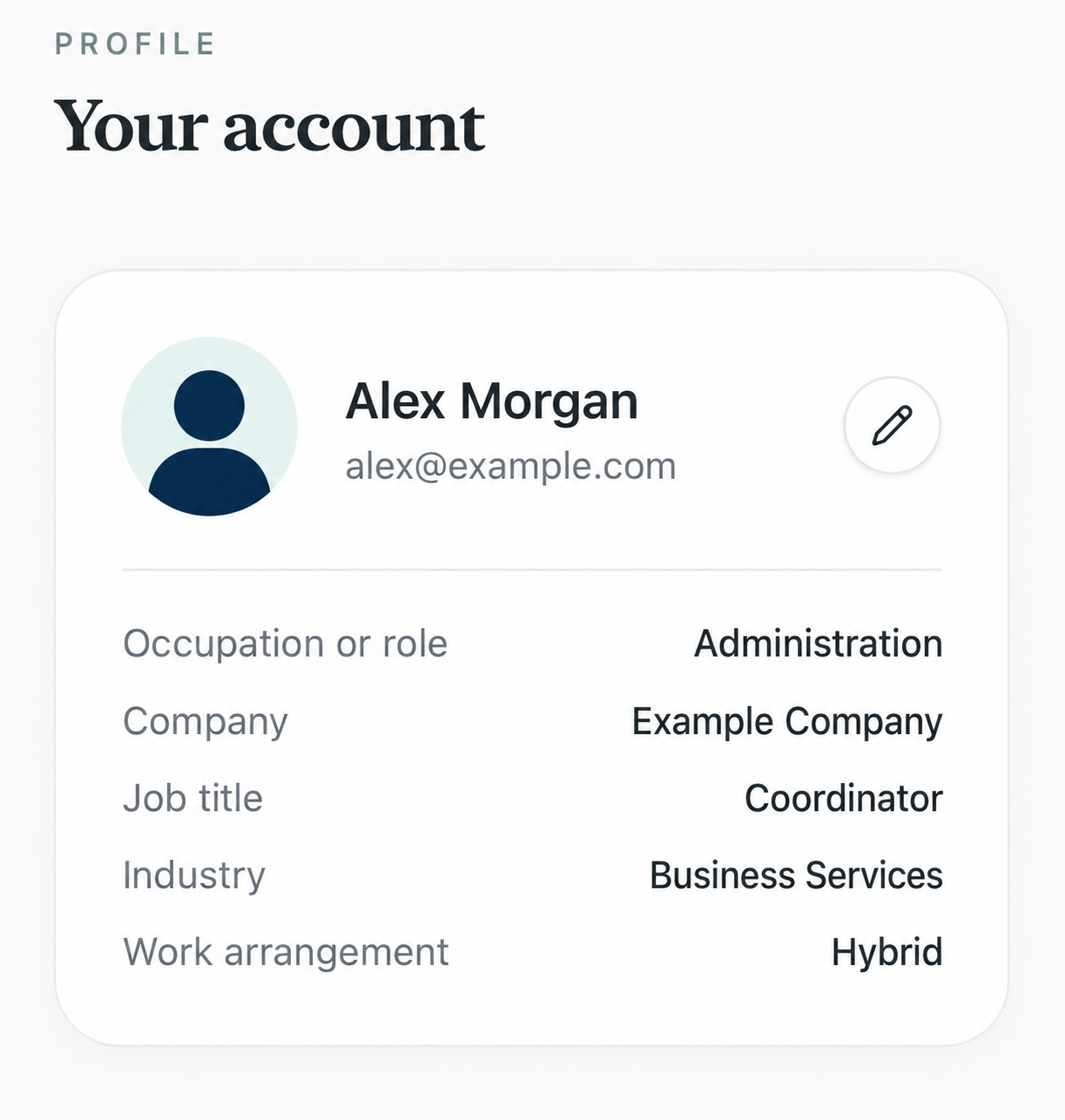 PrimeMotion Workplace profile screen with example account and work details.