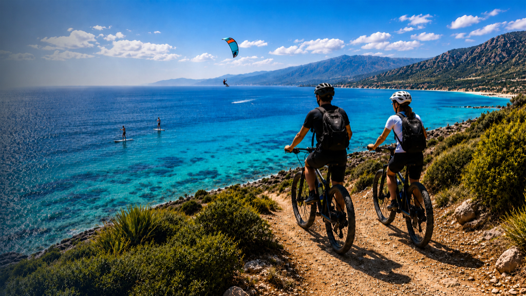 Coastal cyclists and paddleboarders with kitesurfer above turquoise Mediterranean waters in Southern Spain