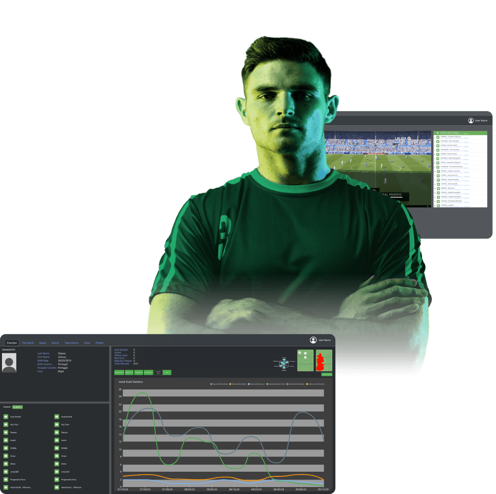 BuildUp AI football match analysis dashboard with player tracking data, passes, duels, and shots