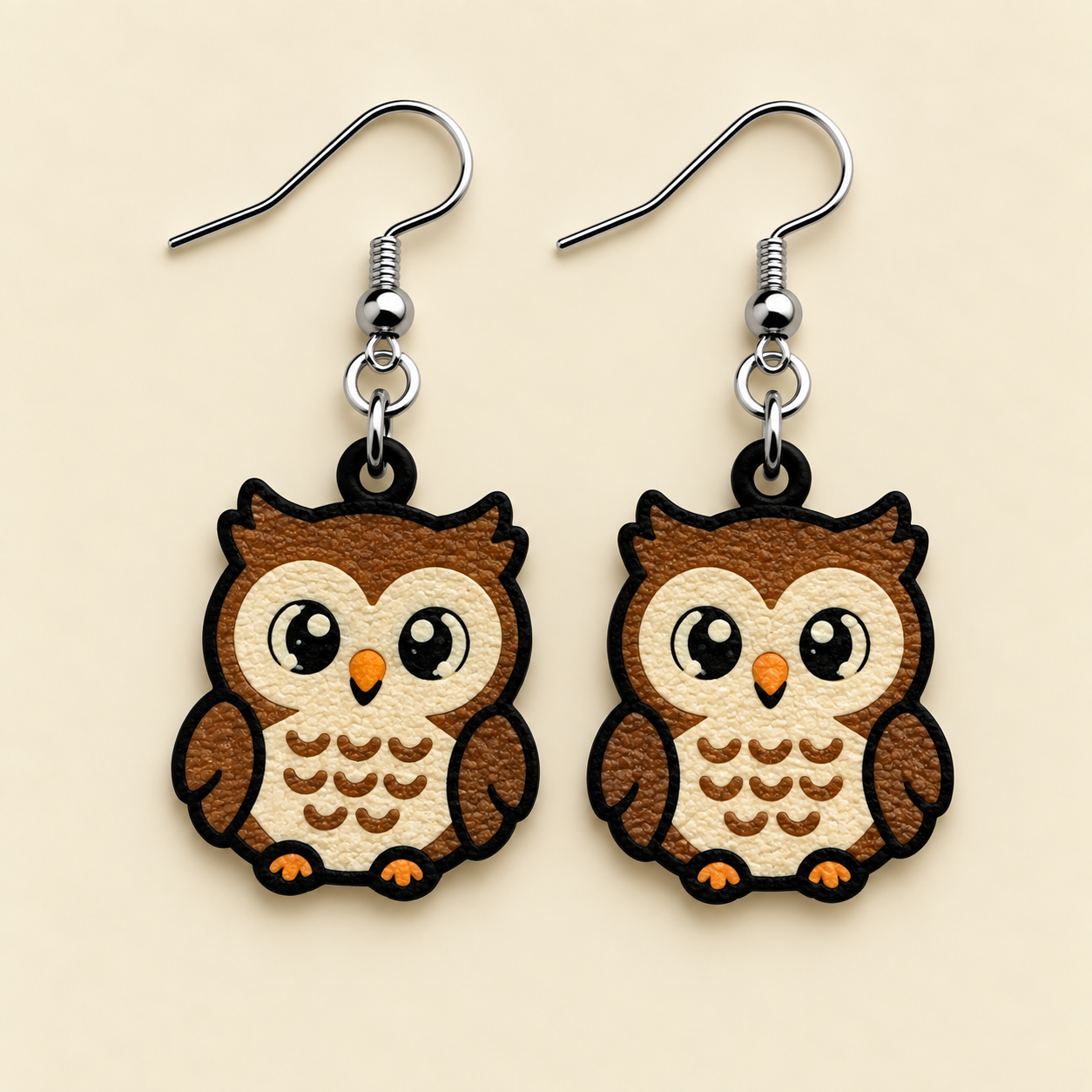 Brown and tan owl earrings with cream faces, orange beaks and feet, and bold black outlines on a cream background