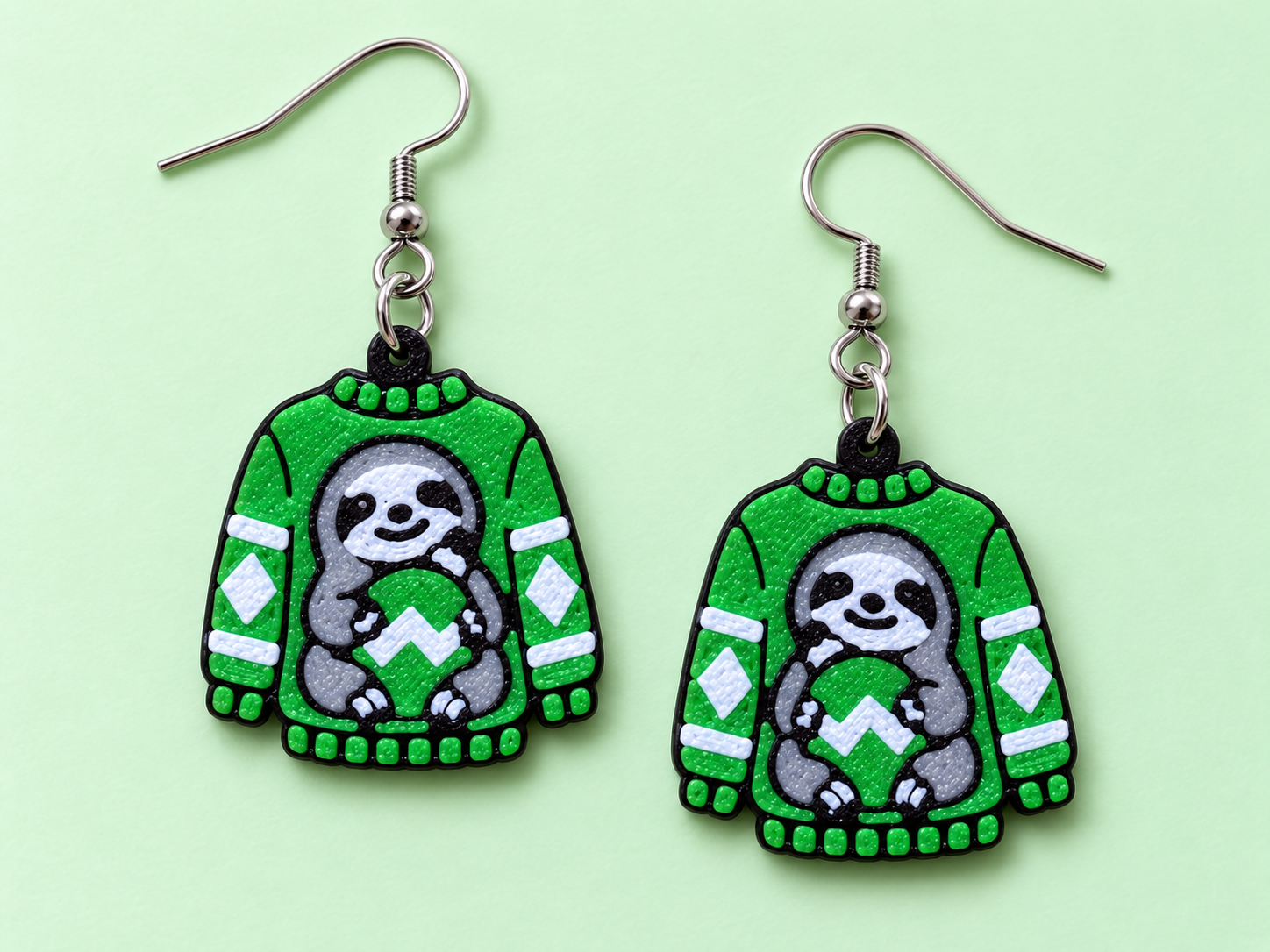 Green Christmas sweater earrings with a grey sloth holding a white-chevron ornament
