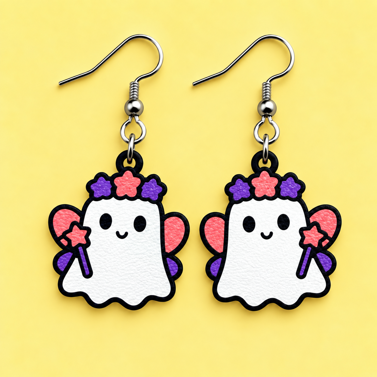 Bibbidi Bobbidi Boo fairy ghost earrings — a white ghost with pink and purple flower crown, wings and a star-tipped wand on a pale yellow background