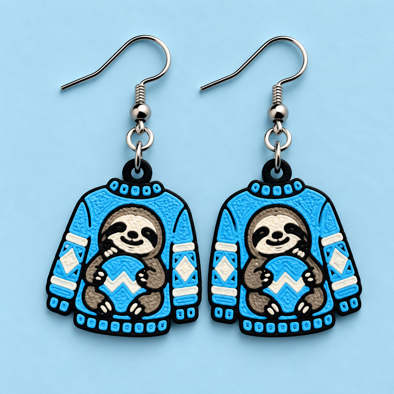 Bright blue Christmas sweater earrings with a grey sloth holding a white ornament, on a light blue background