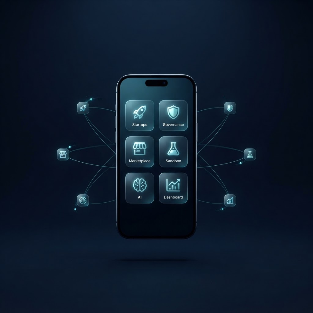 Ecossistema 4.govs interligado como uma rede neural conectando governo, startups, IA, marketplace, sandbox e demais atores