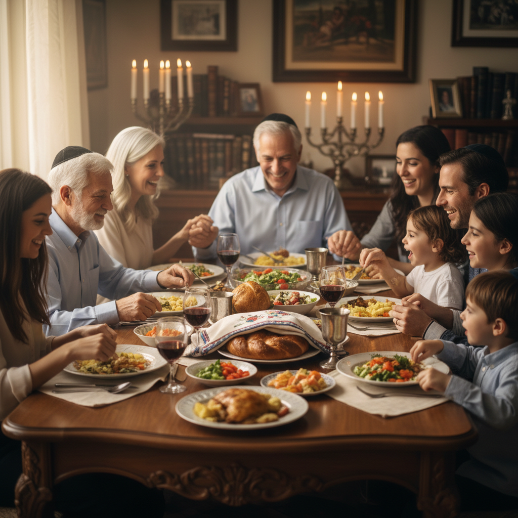 Multi-generational Jewish family sharing a meal together