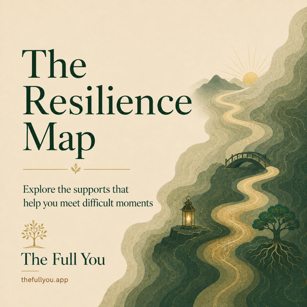 The Resilience Map — explore the supports that help you meet difficult moments. A winding path through a layered green landscape toward a rising sun.