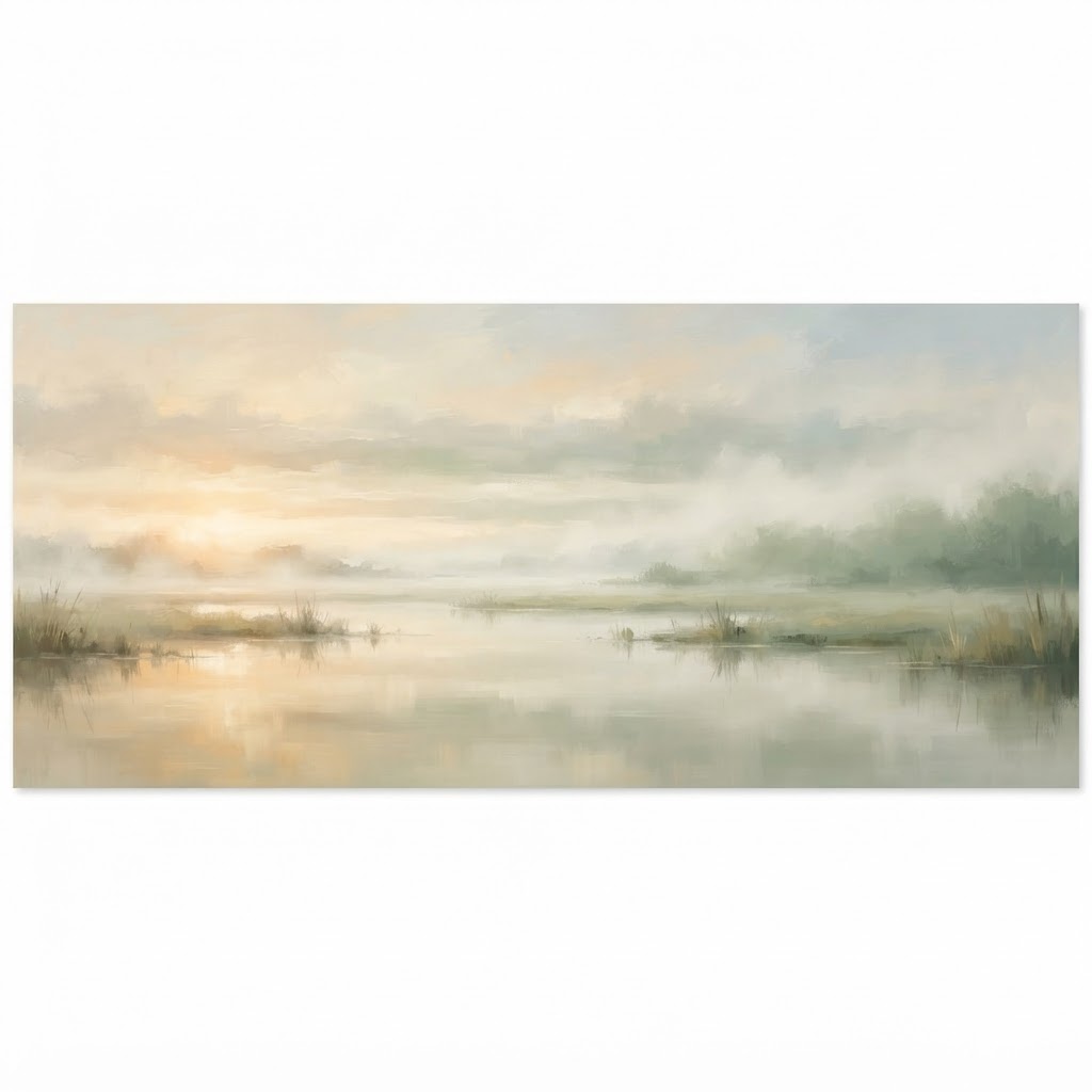 A calm, open landscape at dawn with soft mist and low golden light