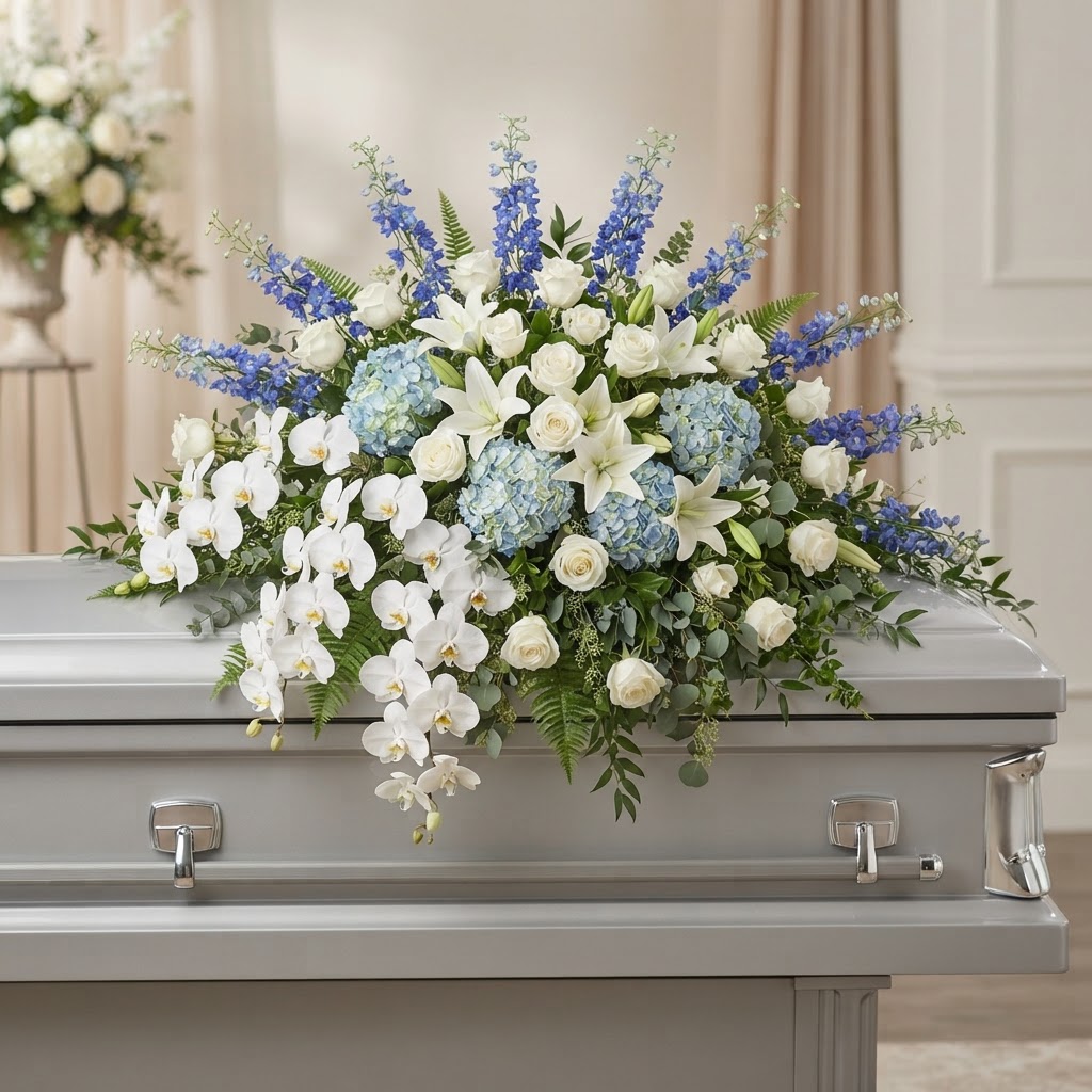 Blue & White Serenity Deluxe Casket Spray