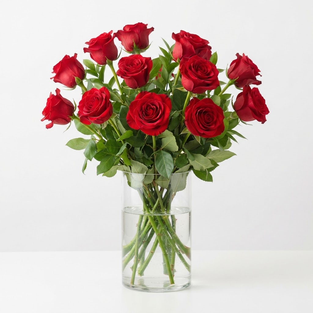 Red Roses in Clear Vase