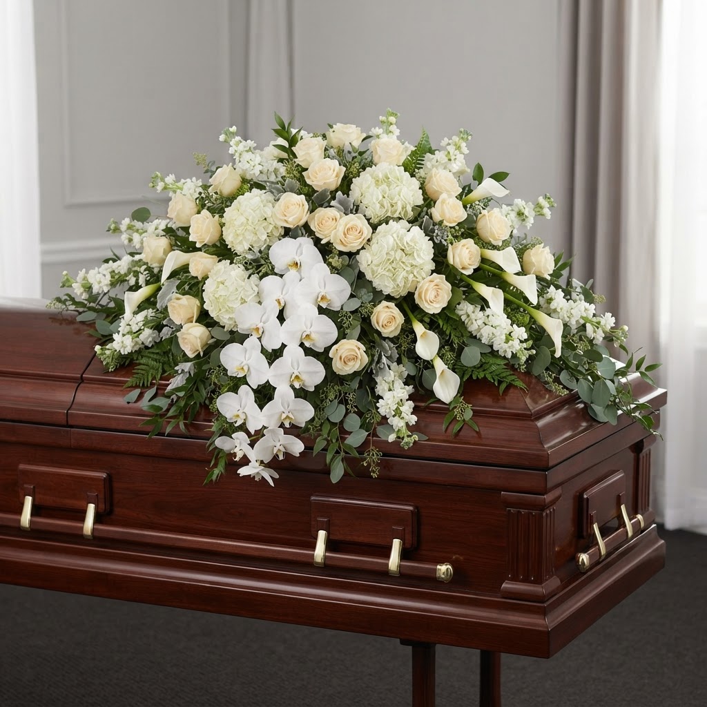 White Orchid Waterfall Casket Spray