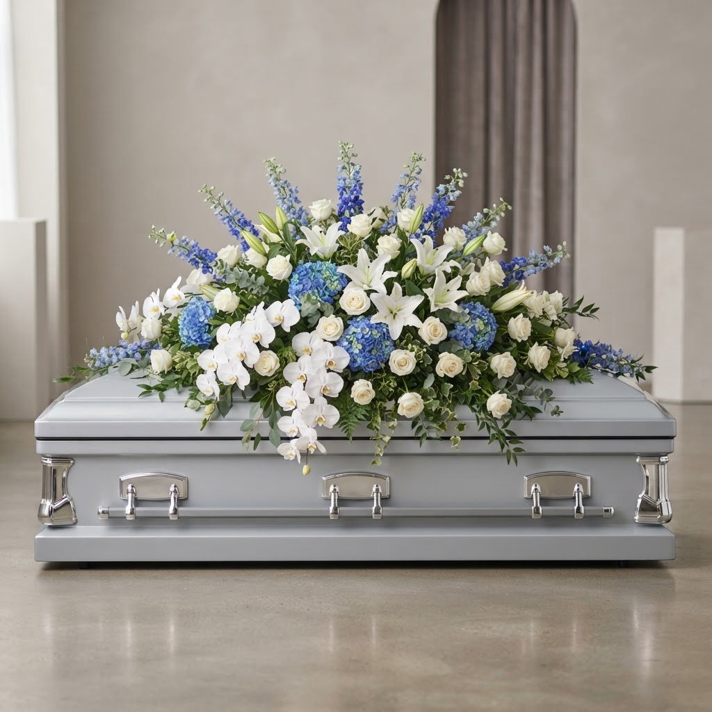 Blue Hydrangea & Delphinium Casket Spray