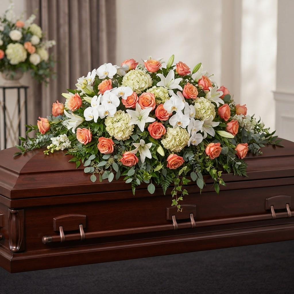 Peach & Coral Cream Casket Spray