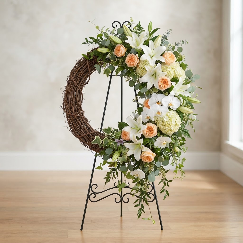 Peach & White Wreath Standing Spray