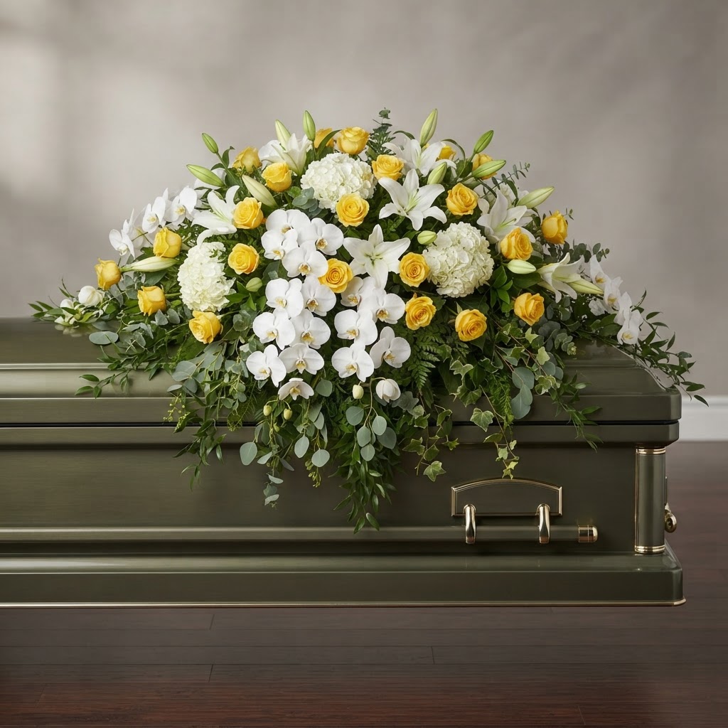 White & Yellow Garden Casket Spray
