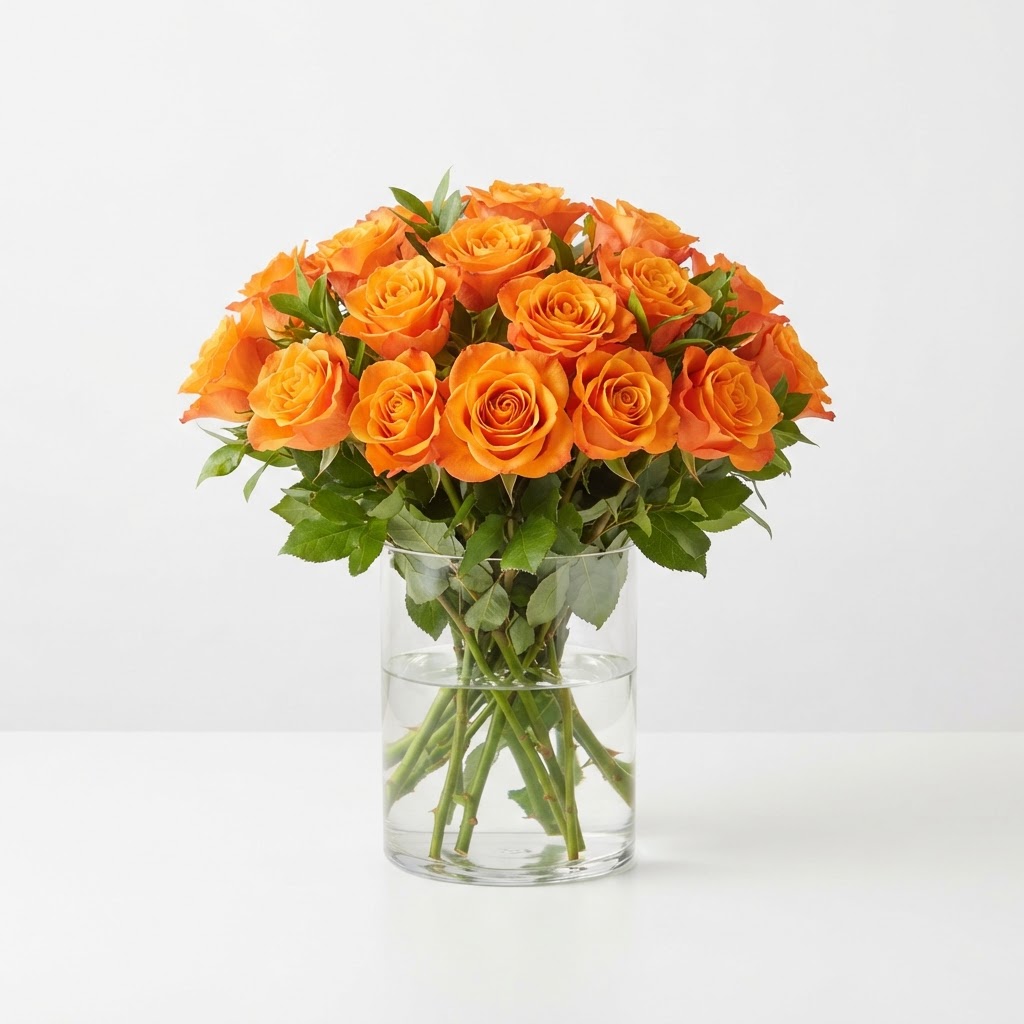 Orange Roses in Clear Vase