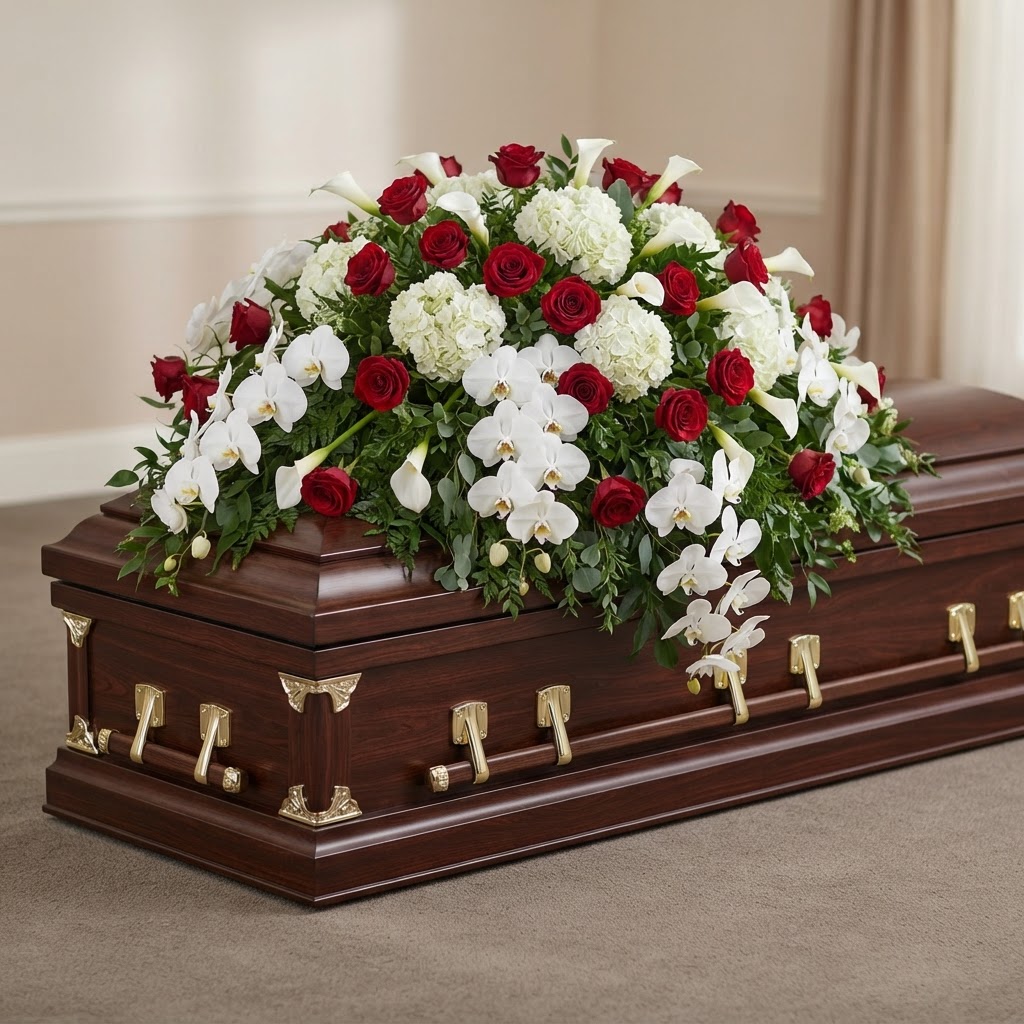Red & White Orchid Casket Spray
