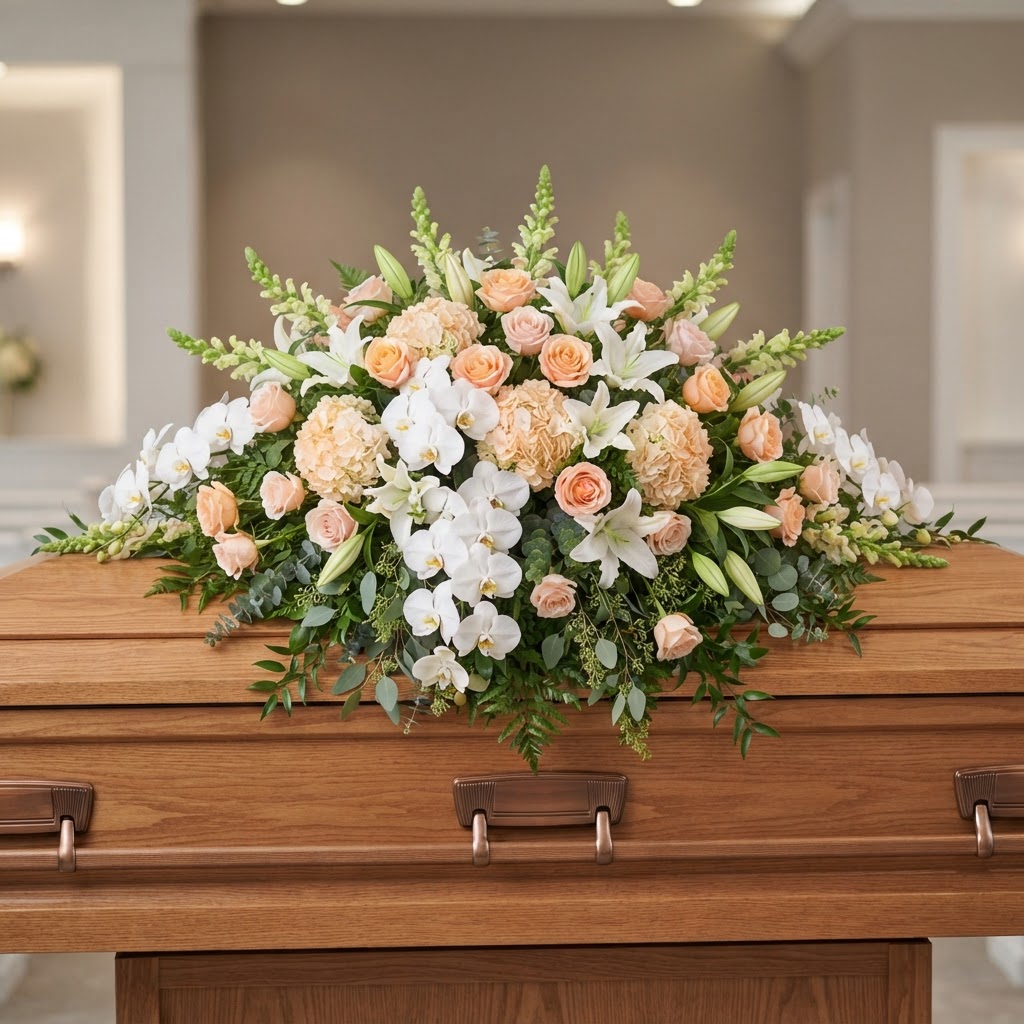 Peach Garden Rose Casket Spray