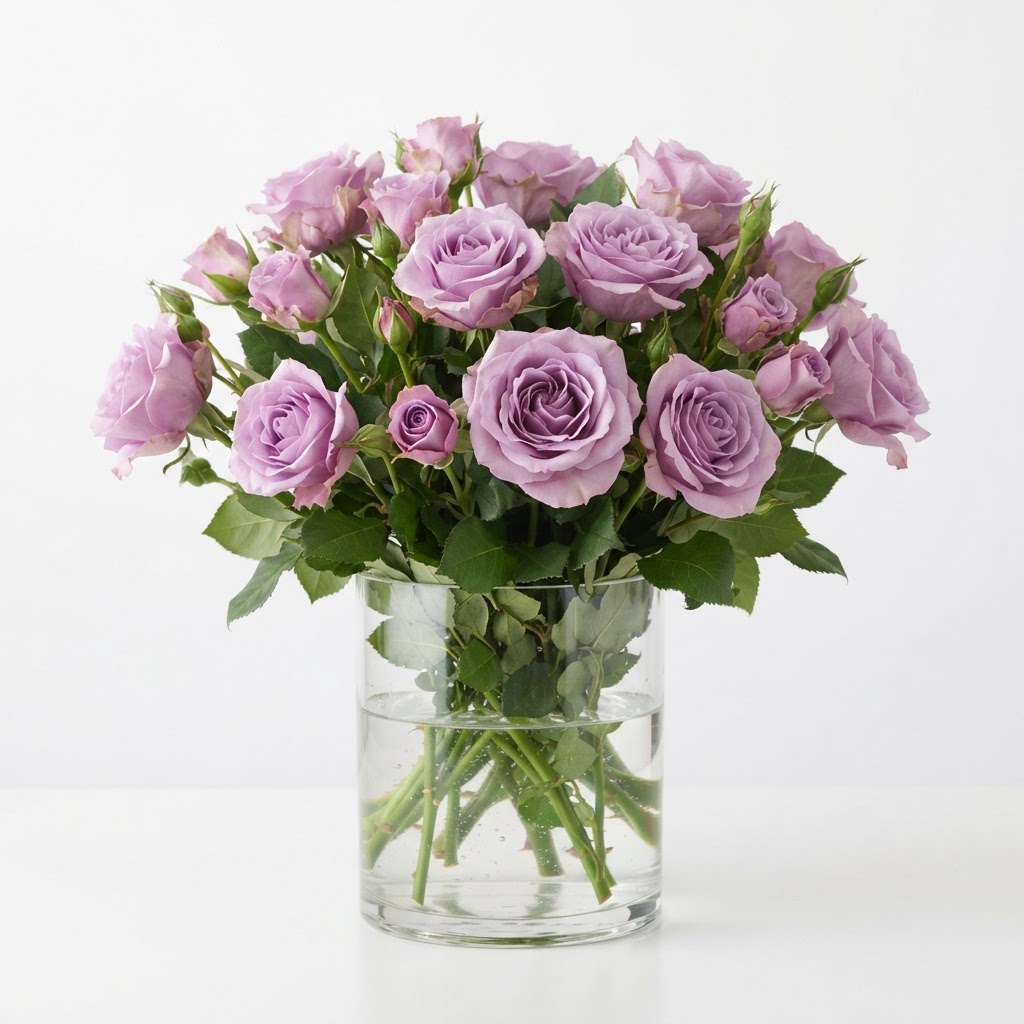 Lavender Roses in Clear Vase
