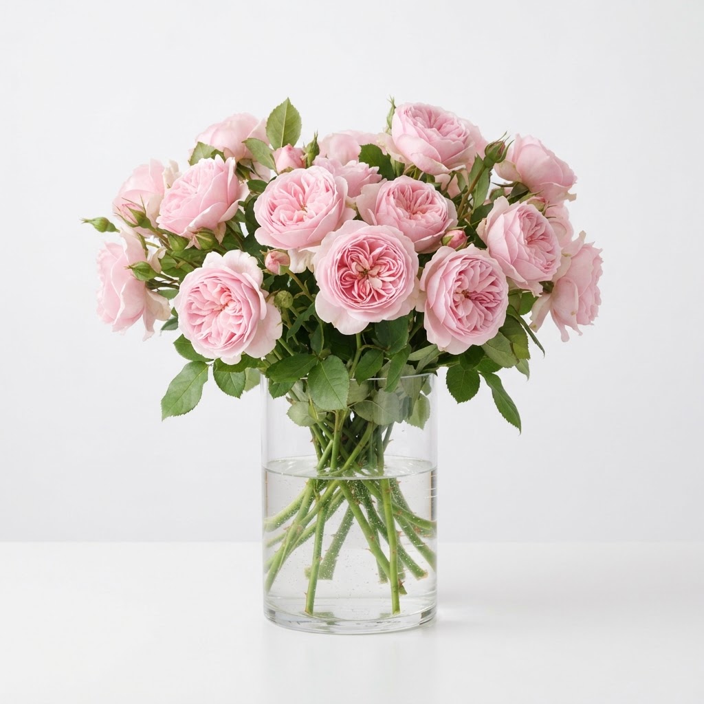 Pink Roses in Clear Vase