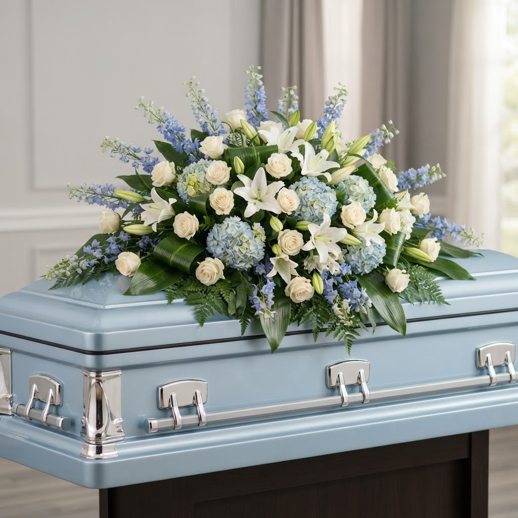 Blue & White Serenity Casket Spray