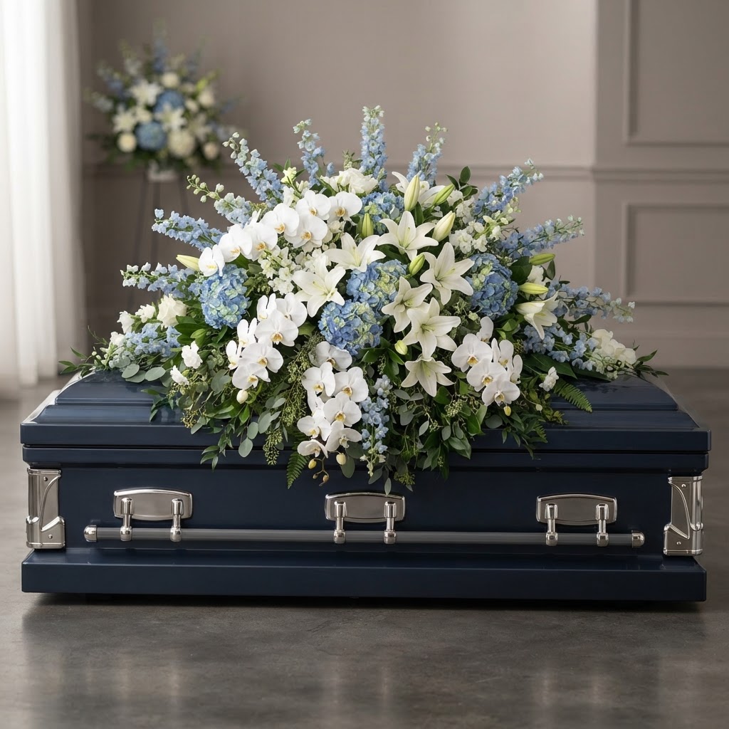 Blue & White Delphinium Casket Spray