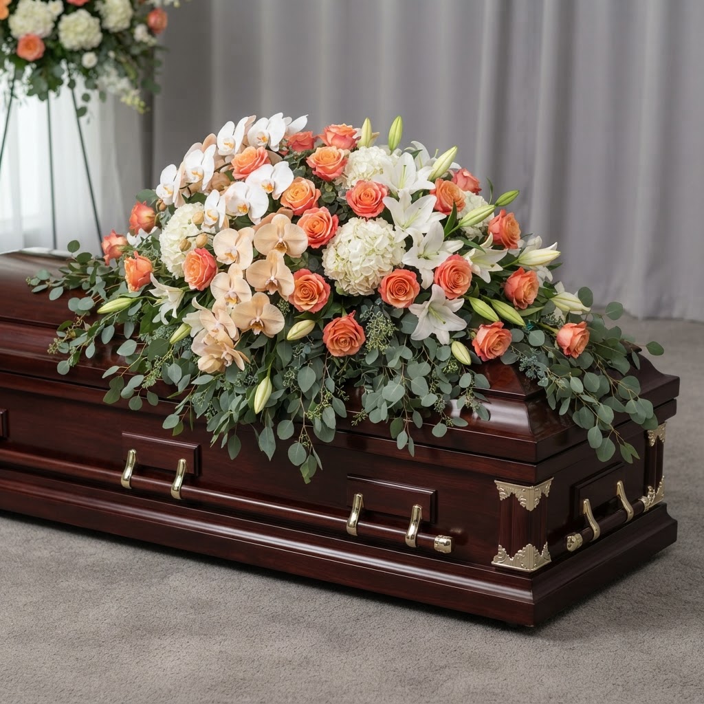 Coral & Peach Cascade Casket Spray