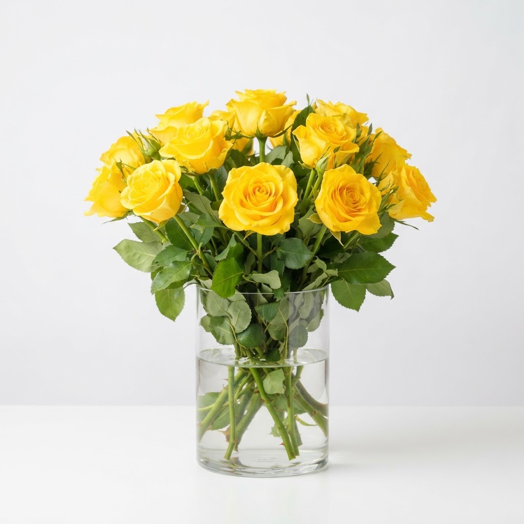 Yellow Roses in Clear Vase
