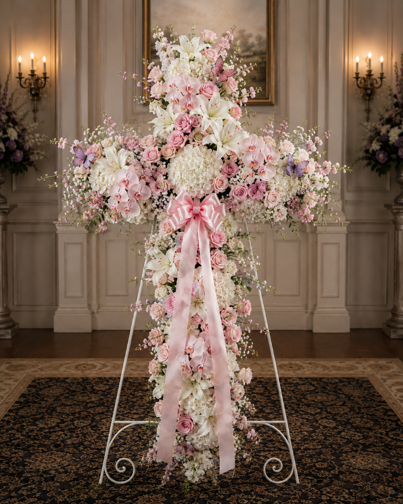 Pink & White Cross Standing Spray