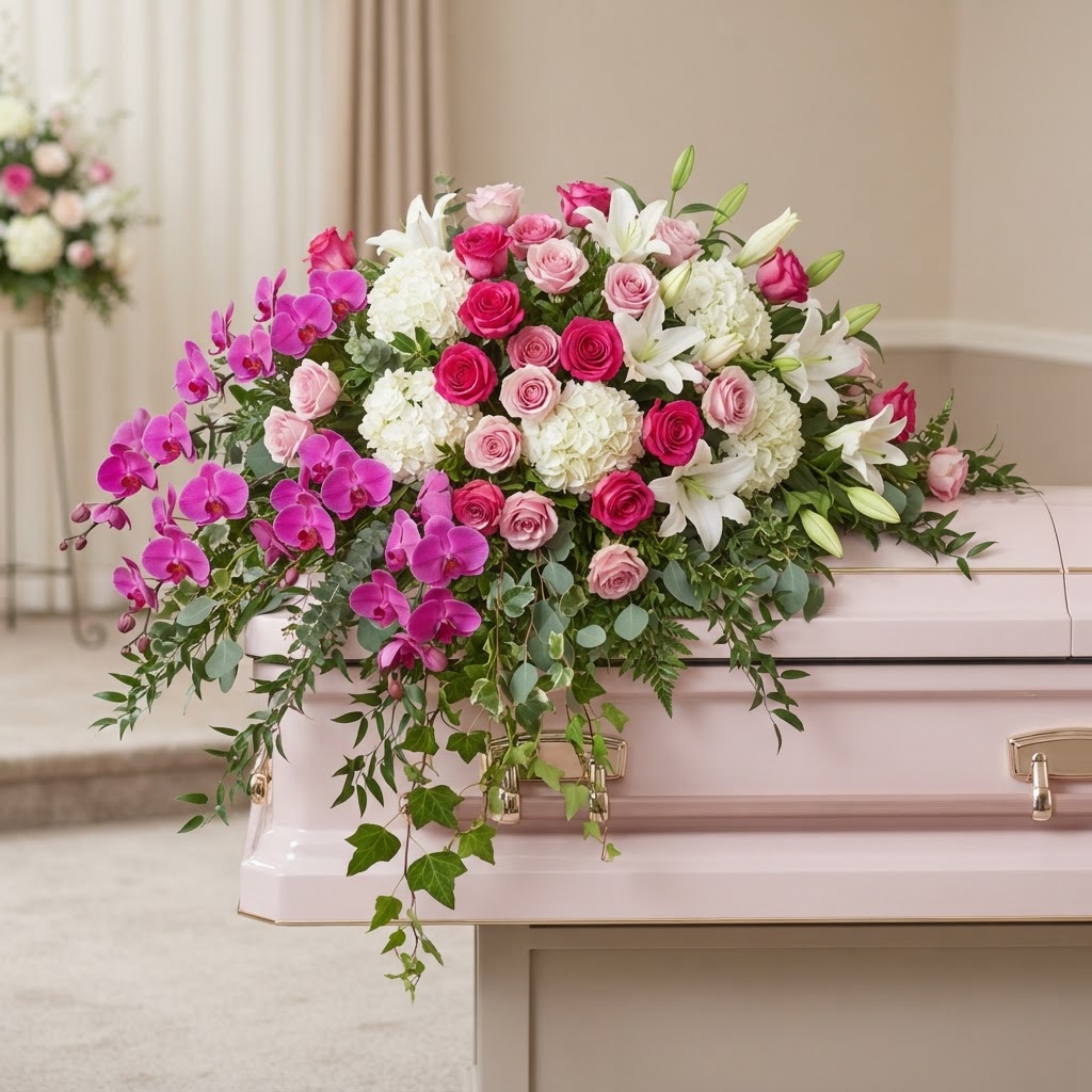 Pink Orchid & Rose Casket Spray