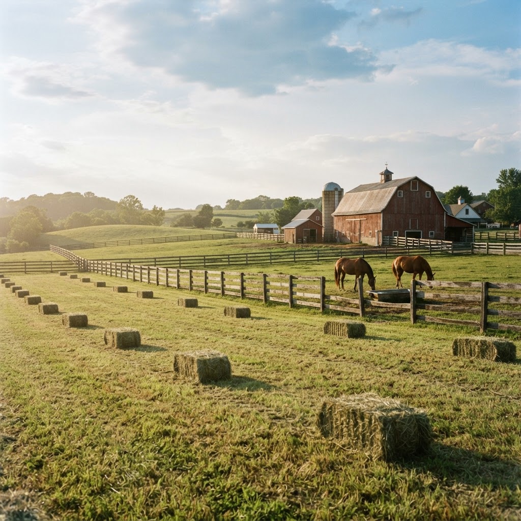 Hay bales and horses on a Paso farm at golden hour