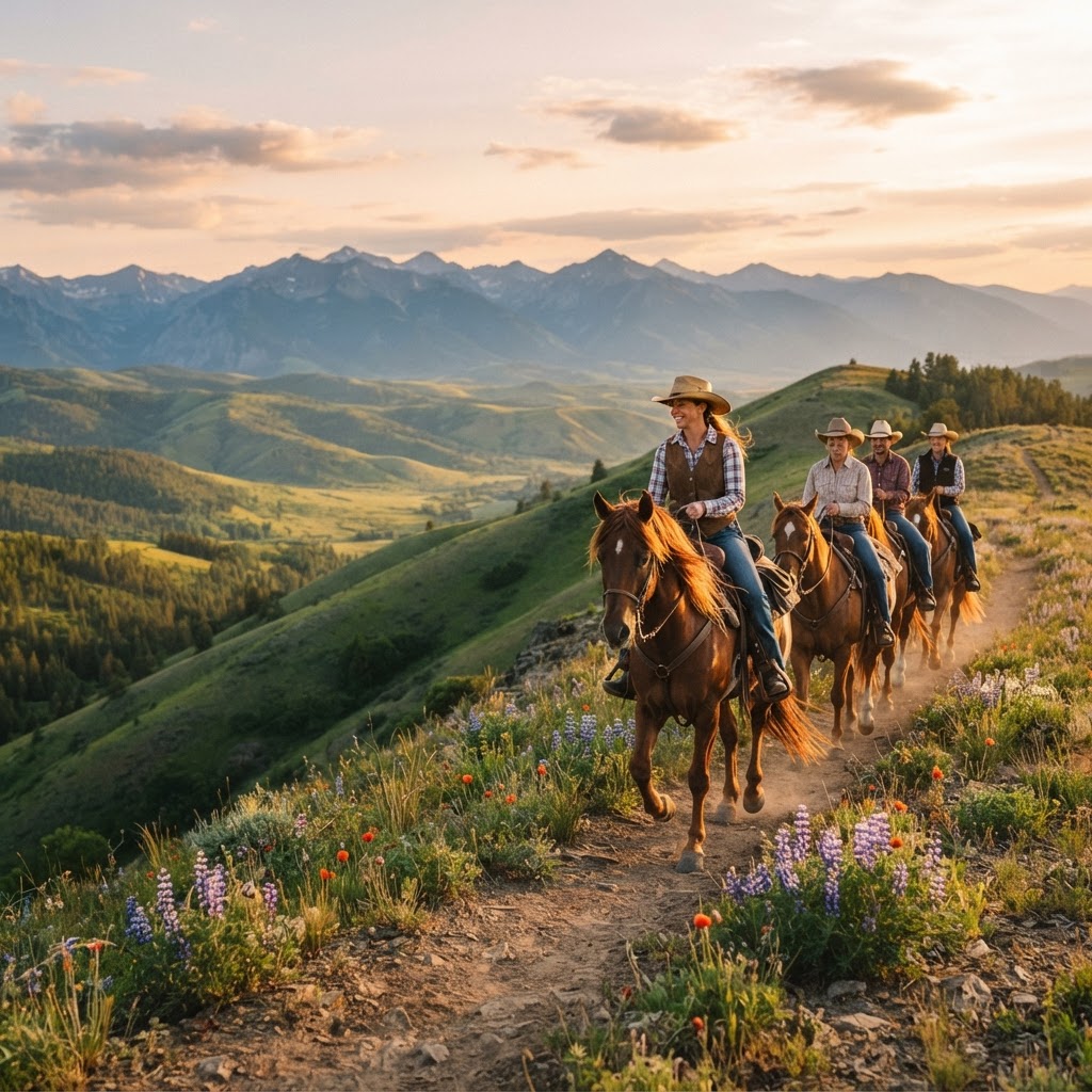 Paso riders on a scenic trail at golden hour