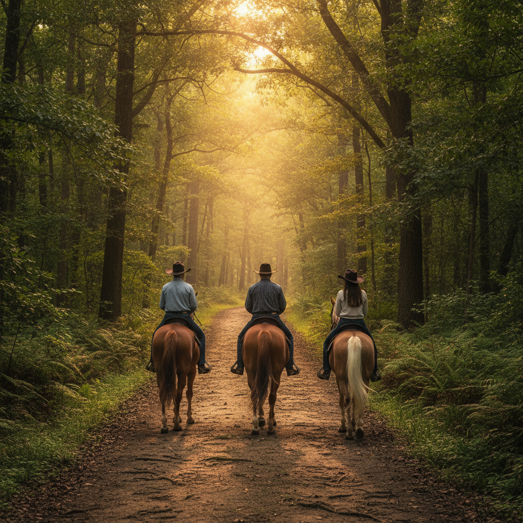 Riders on gaited Paso horses on a golden-hour woodland trail