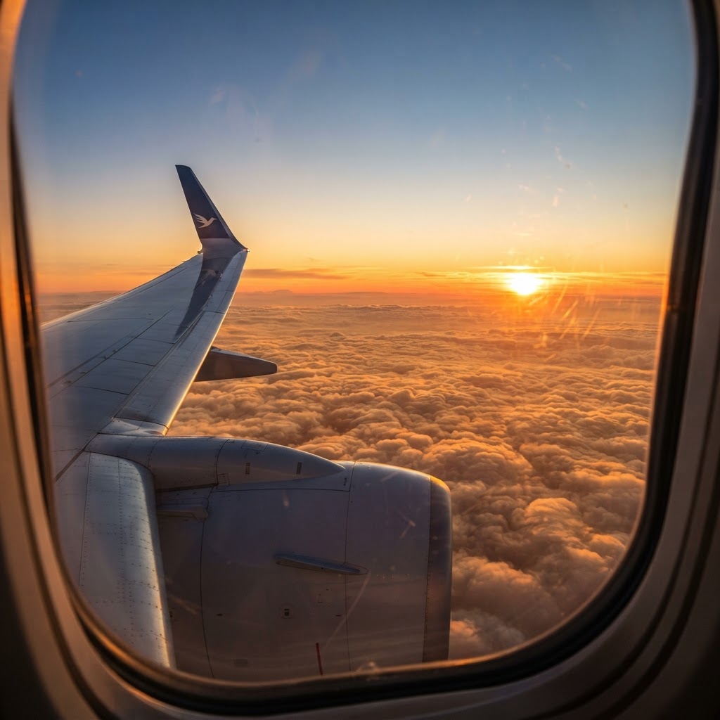 Airplane wing view at sunset