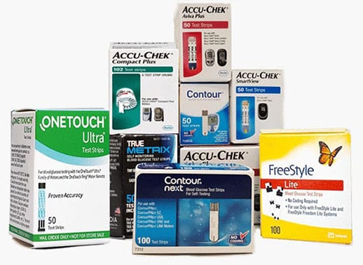 Diabetic supplies neatly arranged including test strips, glucose meters, and lancets